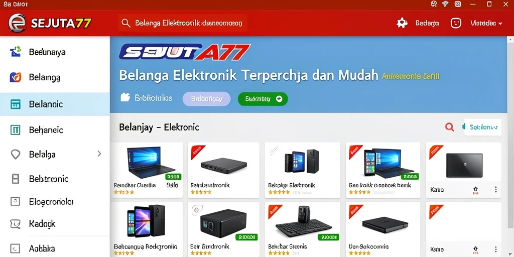 Antarmuka SEJUTA77 menampilkan berbagai produk elektronik dengan desain menarik.
