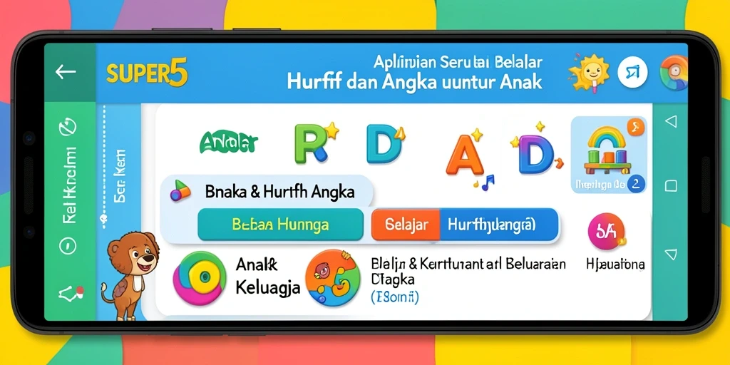 Antarmuka aplikasi SUPER5 untuk belajar huruf dan angka yang interaktif.